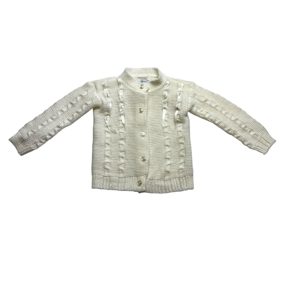 Vintage Little Show Offs Made In the USA White Knit Cardigan Sweater Embroidered